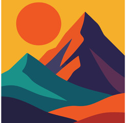Abstract mountain landscape in flat style with vibrant sunset colors. Perfect for travel posters, wallpapers, and adventure or nature-themed designs.