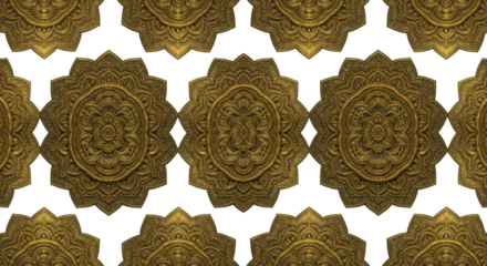 Golden Ornament: Intricate symmetrical pattern of golden ornaments, evoking a sense of ancient craftsmanship and luxury, each detail shimmering with opulence.