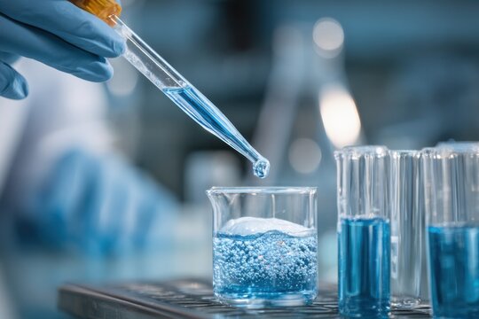 Closeup of gloved hands dropping blue liquid from a dropper into a glass container in a laboratory setting during a scientific experiment