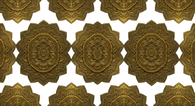 Golden Ornament: Intricate symmetrical pattern of golden ornaments, evoking a sense of ancient craftsmanship and luxury, each detail shimmering with opulence.