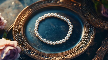 Fototapeta premium Elegant Pearl Necklace in Vintage Mirror Frame, Luxury Accessory