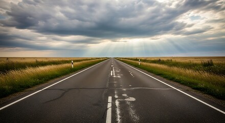 Empty Road Through Fields Under Cloudy Sky.