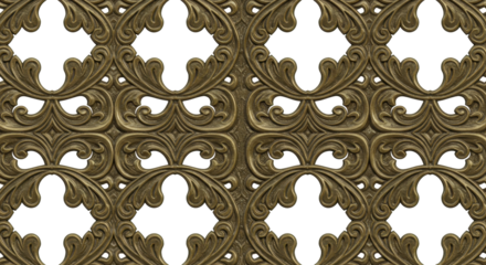 Ornamental Design in gold: A close-up shot of a intricately crafted golden ornamental design. This design, possibly a historical pattern or architectural detail.