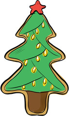 Christmas tree shaped gingerbread cookie with lights illustration