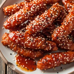 Delicious Sesame Chicken Strips with Sweet and Savory Glaze.