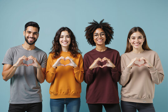Volunteers Making Heart Gestures – Diverse Team of Helpers Showing Compassion and Unity for International Men's Day and Community Service Campaigns
