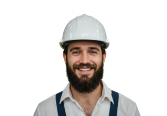 Smiling construction worker wearing a white hard hat isolated on transparent background