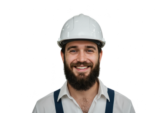 Smiling construction worker wearing a white hard hat isolated on transparent background