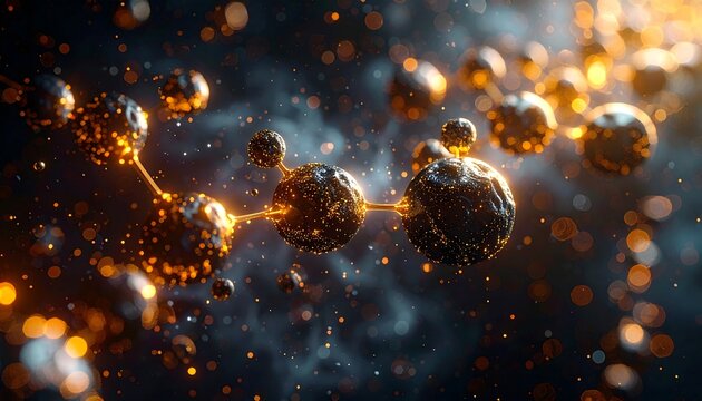 Close-up view of a molecular structure. Illuminated spheres are interconnected by lines against a dark, bokeh-filled backdrop