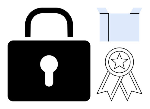 Padlock symbolizing security, box representing storage or containment, and star ribbon for achievement or recognition. Ideal for protection, privacy, trust, access, reward quality success. A simple