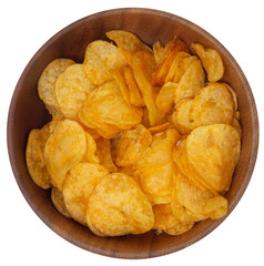 Isolated round wooden pot with potato chips on white background, top view