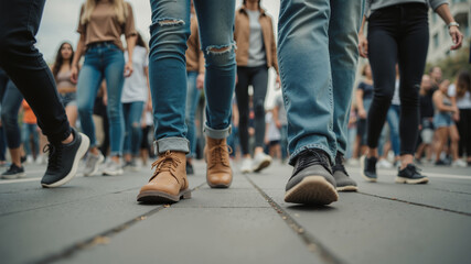 Fototapeta premium Marching Feet in Urban Protest – Closeup of Walking Shoes with Sunlight and Shadows for Social Justice Advocacy, Human Rights Campaigns, and Death Penalty Awareness