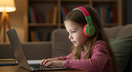 Child using laptop at home for remote learning with colorful headphones