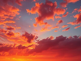 Fototapeta premium Fiery sky bleeds orange, crimson, and gold as the sun dips below the horizon, painting the clouds in vibrant hues, glowing, sundown