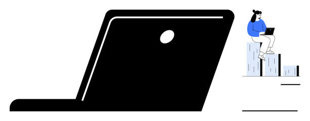 Large minimalistic laptop outline paired with a person sitting on bar graphs using a laptop. Ideal for technology, remote work, data, analytics, growth, education, productivity. Simple flat metaphor