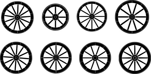 Fototapeta premium a variety of wheel designs, wooden or iron wheel, detailed construction, black and white