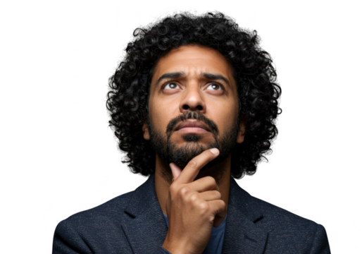 Thoughtful man with curly hair gazes upward contemplating deep ideas and future plans transparent background