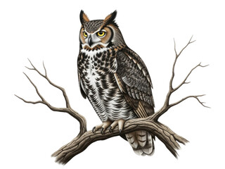 Obraz premium Great horned owl on a branch transparent background cutout png