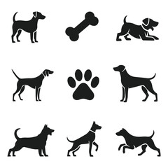 vector set of dog silhouettes with paw and bone