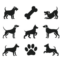 vector set of dog silhouettes with paw and bone