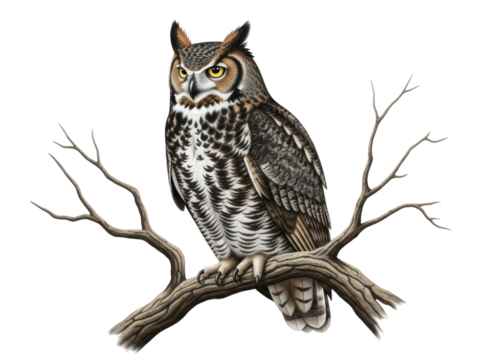 Great horned owl on a branch transparent background cutout png