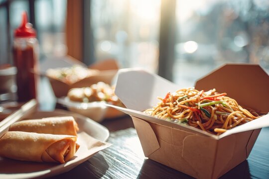 Delicious Chinese takeout spread featuring lo mein, spring rolls, and savory dumplings enjoyed on a sunlit afternoon