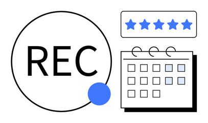 Recording indicator with REC text, blue dot, five-star rating bar, and calendar graphic. Ideal for scheduling, feedback, reviews, media content, productivity planning simple flat metaphor