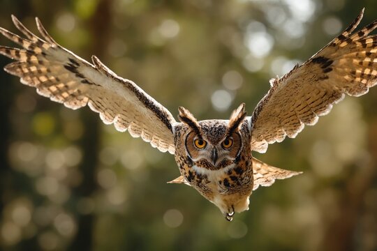 Flying owl close-up with wings spread — forest predator bird in flight