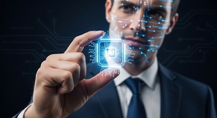 Futuristic Businessman Holding Microchip with AI Face Overlay.