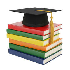 Stack of colorful books with graduation cap isolated on transparent background