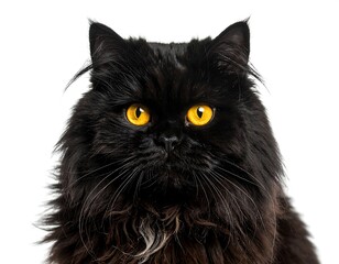 Close-up of a fluffy black cat with striking yellow eyes, set against a clean white backdrop