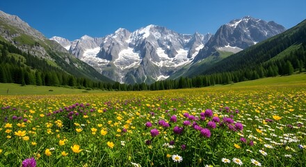 Fototapeta premium Vibrant Mountain Meadow A Picturesque Landscape of Wildflowers Under a Blue Sky