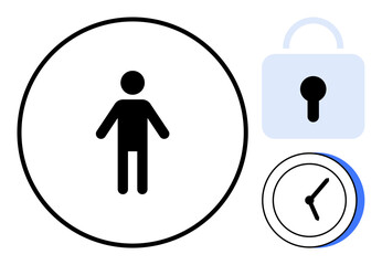 Human figure in a circle, padlock representing security, and clock showing time management. Ideal for privacy, security, time management, access control, personal data, organization simple flat