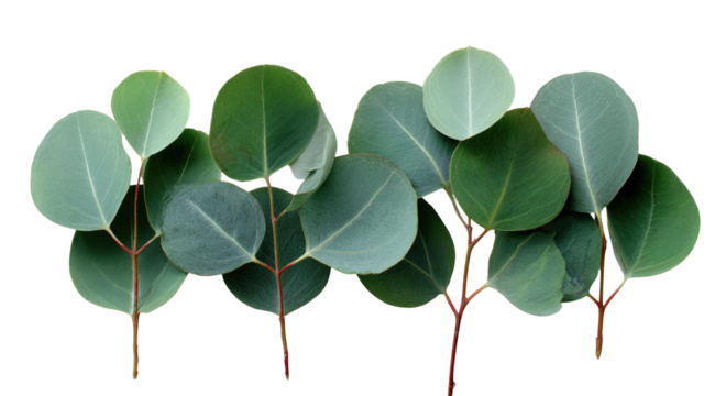 Close-up of several eucalyptus leaves, light green and gray tones