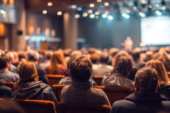 Speaker gives an engaging talk at a business conference hall filled with attentive audience members in early morning session