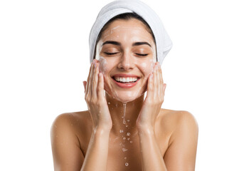 Woman washing face with water isolated on transparent background