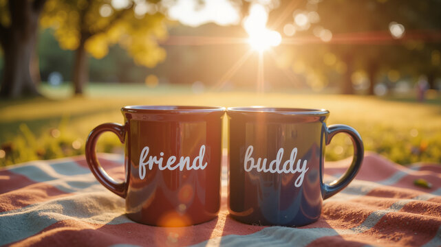 Friendship Mugs on Picnic Blanket – Red and Blue Ceramic Cups with "Friend" and "Buddy" Inscriptions for International Friendship Day Celebrations, Social Media Posts, and Relationship Gift Ideas