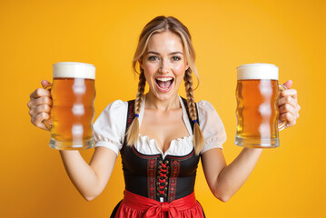 Bavarian Beer Festival Waitress – Young Woman in Traditional Dirndl Costume Holding Beer Mugs for Oktoberfest Celebrations, Beer Culture Blogs, and International Beer Day Promotions