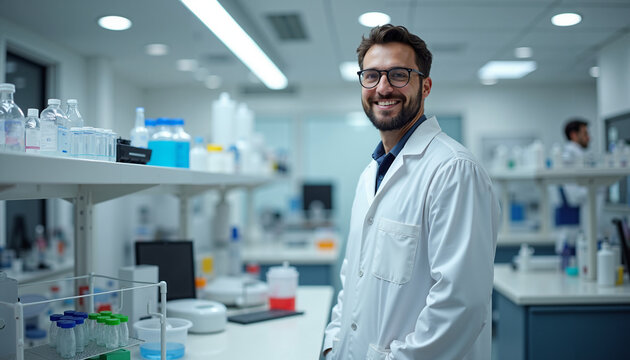 Scientist with cheerful mood standing confidently in research lab against background of laboratory equipment.