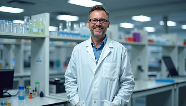 A scientist in a good mood, smiling confidently in a modern laboratory against the backdrop of scientific equipment.