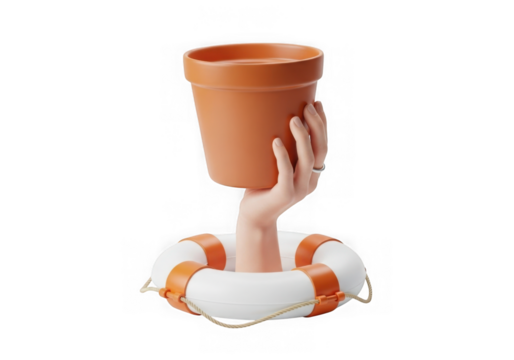 Hand holding terracotta pot above life preserver isolated on transparent background