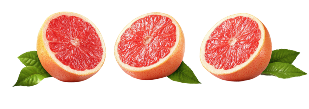 Three sliced grapefruits, vibrant red, with green leaves
