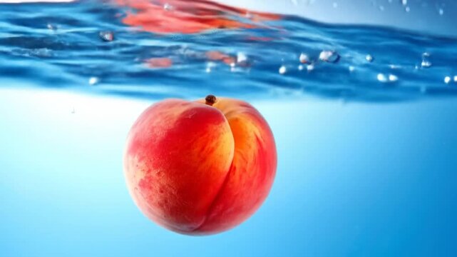 A ripe peach submerged in water, showing bubbles and a wave, with a bright blue background