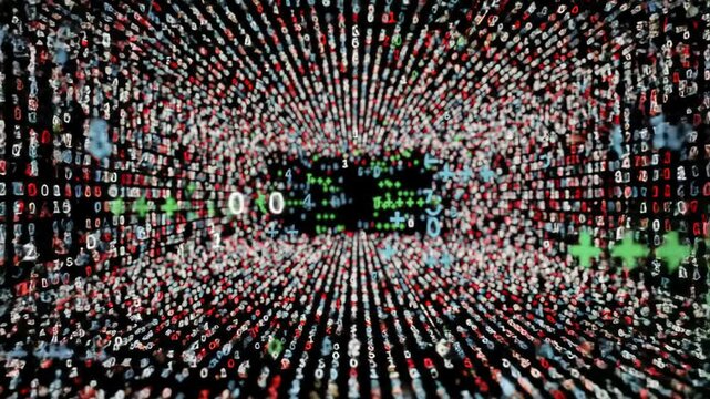 Dynamic video navigating an infinite dark digital void, luminous green C++, red Java code cascading. Volumetric light, slow dolly video, shallow DOF. Concept of advanced AI processing cyberspace