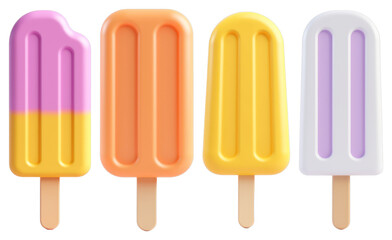 Colorful Popsicles on Transparent Background – Purple, Orange, Yellow, and White Varieties for Summer Treats, Food Packaging, and Menu Design