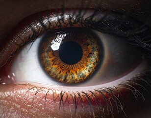 Close-up view of a human eye with detailed iris and eyelashes, showcasing vibrant colors and textures. Focus on the cornea and pupil