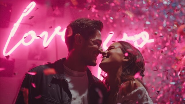 Smiling couple celebrating love under pink neon lights with confetti romantic night
