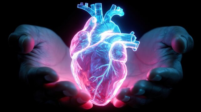 Futuristic holographic human heart glowing in hands on dark background