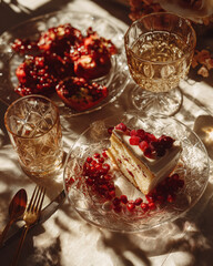 Warm golden-hour breakfast flat-lay with glass plates, pomegranate seeds and cake slice on vintage crystal glass