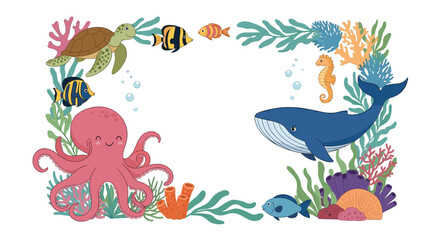 A charming cartoon illustration of an underwater border frame with cute marine animals and colorful coral reefs on a white background.